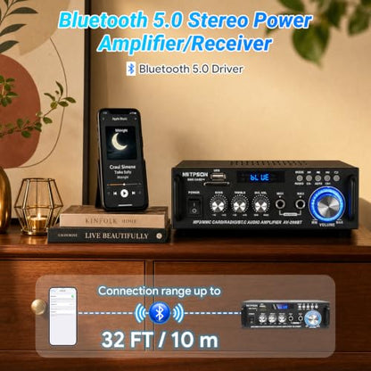 Bluetooth Stereo Receiver Amplifier,RMS 40W x 2 Peak Power 600W | Home Audio Amp with FM Radio,USB/SD,Amplifier for Home Theater Karaoke,Garage &Outdoor Speakers