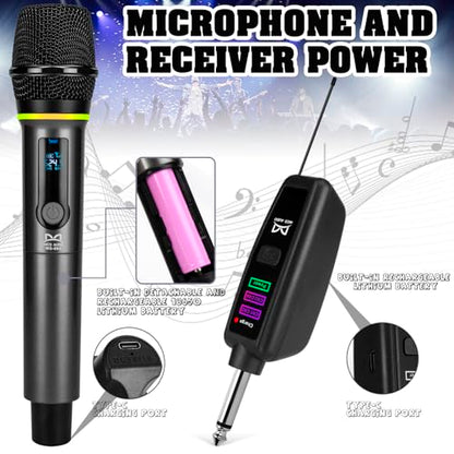 QiCheng&LYS 4 Wireless Microphones with Rechargeable Receiver, 2.4G Cordless Mics with Volume Control, Handheld Dynamic Mic System for Church Singing Karaoke Wedding, 200ft