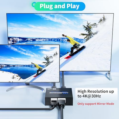 HDMI Splitter 1 in 2 Out 4K, 1x2 Powered HDMI Multi-Port Adapter for Dual Monitor, Support 4K UltraHD 3D HDR, Duplicate/Mirror Screens, Ideal for Xbox Ps5 Ps4 Ps3 Fire Stick Blu-Ray Player HDTV - size: 4K@30 1x2