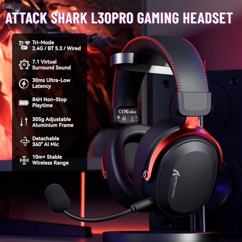 ATTACK SHARK L30 PRO Wireless Gaming Headset,7.1 Surround Sound, 50mm Drivers,20ms Low Latency,Detachable Noise-Canceling Mic, Aluminum Alloy Frame,Tri-Mode Connectivity Over-Ear Headset-Black Red - color: Black Red