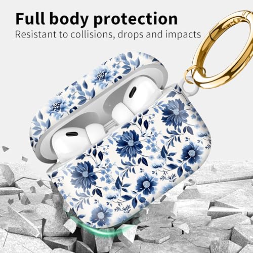 Compatible with Airpod pro 2nd/1st Generation Case Cover with Gold Round Keychain Cute Pattern Hard & Anti Slip Cover for Men Women & Girls（Blue and White） - color: Blue and White