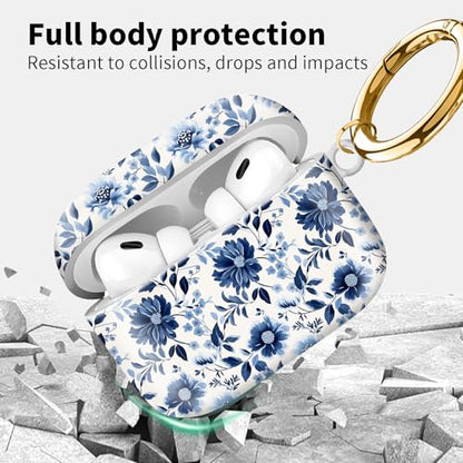 Compatible with Airpod pro 2nd/1st Generation Case Cover with Gold Round Keychain Cute Pattern Hard & Anti Slip Cover for Men Women & Girls（Blue and White） - color: Blue and White