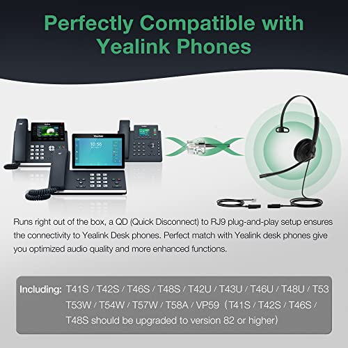 Yealink Phone Headsets for Office Phones YHS34 Lite QD to RJ9 Wired Headset Compatible with Poly Snom Grandstream Phones Desk Landline Headset with Microphone -Mono/68g/2.1m Cable - color: Foamy Ear Cushions, size: Mono