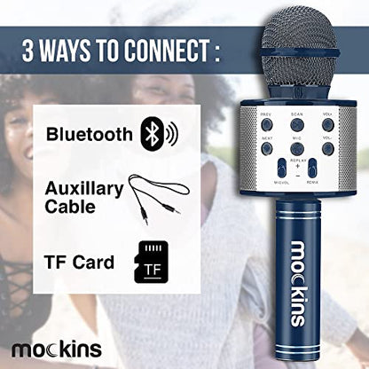 Mockins Navy Bluetooth Karaoke Microphone for Kids with Built in Bluetooth Speaker| Wireless Microphone Karaoke Compatible with iOS & Android| All-in-One Mic - color: Navy