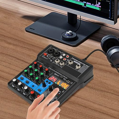 4 Channel USB Interface Mixer, DJ Controller Sound Mixer, Professional Digital Audio, Portable Sound Mixing Console for DJ, Karaoke & Streaming