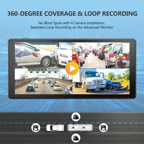 4K RV Backup Camera System, 10.36" Quad Split Touchscreen Monitor | 1080P 2 Rear & 2 Side View Cameras, DVR Recording Bluetooth Music USB Video IP69 Waterproof Night Vision for Trailer RV Truck - size: 10.36 inch