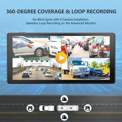 4K RV Backup Camera System, 10.36" Quad Split Touchscreen Monitor | 1080P 2 Rear & 2 Side View Cameras, DVR Recording Bluetooth Music USB Video IP69 Waterproof Night Vision for Trailer RV Truck - size: 10.36 inch
