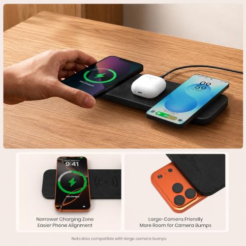 ZealSound Wireless Charging Pad, 3-in-1 Fast Wireless Charger with 36W Adapter for iPhone 17/16/15, Samsung Galaxy, AirPods & Galaxy Buds, Ultra-Slim PU Leather Charging Station for Home Office Travel