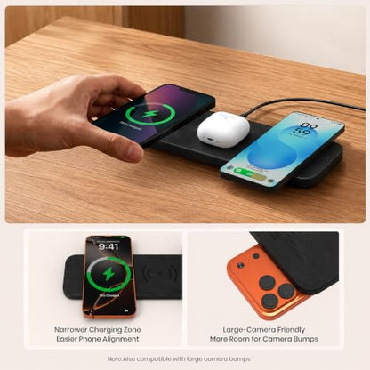 ZealSound Wireless Charging Pad, 3-in-1 Fast Wireless Charger with 36W Adapter for iPhone 17/16/15, Samsung Galaxy, AirPods & Galaxy Buds, Ultra-Slim PU Leather Charging Station for Home Office Travel
