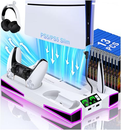 Kawaye PS5 Stand PS5 Cooling Station for PlayStation 5/Pro/Slim Console, PS5 Accessories Vertical Stand with 2.36in Cooling Fan, RGB Light, Dual Controller Charger, Headset Holder, 3 Charger Port - color: White