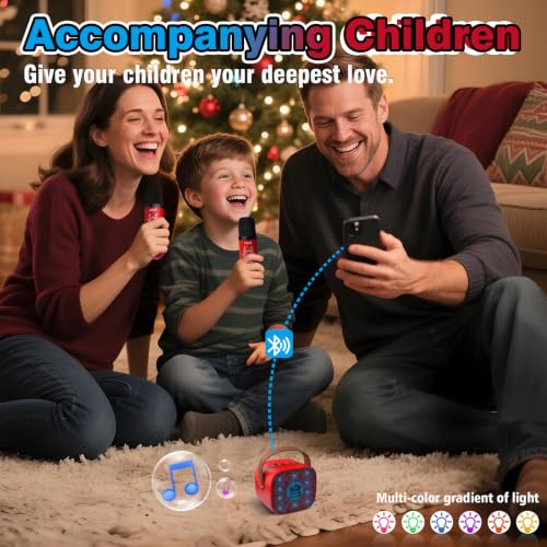 Mini Kids Karaoke Machine with LED and Fun Voice,Girls Boys Birthday Gifts | Portable Bluetooth Speaker with 2 Wireless Microphones for Ages 3,4,5,6,7,8,9,10+ Years Old Girl Boy Party Gift,Singing Toys - color: RED