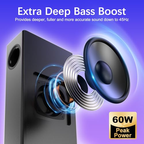 Nylavee Computer Speakers with Subwoofer, 2.1 PC Soundbar, Bluetooth 5.4 | 60W Peak Power, AC Adapter Powered with 3.5mm AUX for Desktop PCs, Laptops and Monitors
