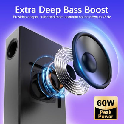 Nylavee Computer Speakers with Subwoofer, 2.1 PC Soundbar, Bluetooth 5.4 | 60W Peak Power, AC Adapter Powered with 3.5mm AUX for Desktop PCs, Laptops and Monitors