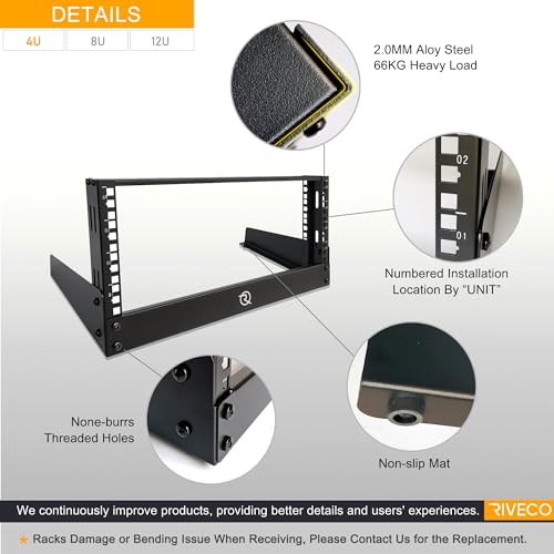 RIVECO 4U Network Rack Desktop 19 Inch 2 Post Open Frame Shelf with Reinforced Beam, Free Standing Tabletop Racks for IT Server Sound AV Equipment - size: 4U