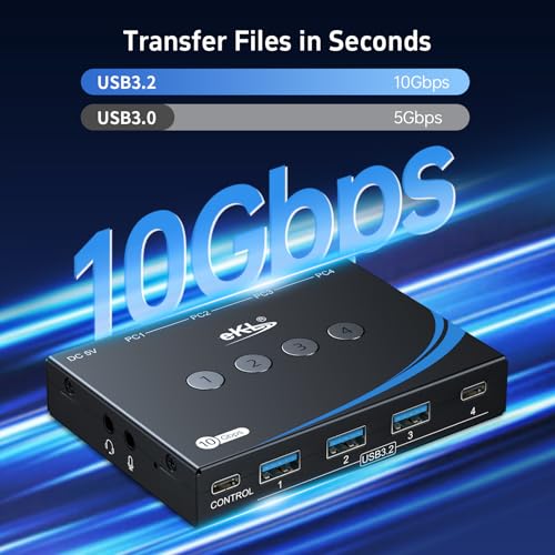 eKL USB 3.2 Switch for 4 Computers, 2 USB-C+2 USB-A 10Gbps Inputs, Share 1 USB-C+3 USB-A Peripherals Like Mouse Keyboard Printer Scanner, with 3.5mm Mic Headphone Jack, Includes 4 Cables & Controller - size: USB3.2 10Gbps 4 in 4 out with desktop controlle