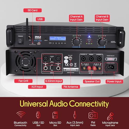 Pyle 2-Channel Rack Mount Power Amplifier with Bluetooth - 2000W Bridgeable with TRS XLR Input, Speakon Outputs, USB-A Input with MP3 Player, Bridge Mode, Cooling Fan, LED Level Meters - PTA1000BT - color: Matte Black