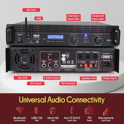 Pyle 2-Channel Rack Mount Power Amplifier with Bluetooth - 2000W Bridgeable with TRS XLR Input, Speakon Outputs, USB-A Input with MP3 Player, Bridge Mode, Cooling Fan, LED Level Meters - PTA1000BT - color: Matte Black