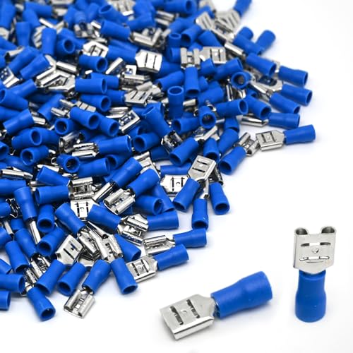 200pcs Female Spade Connectors 1/4" 6.3mm Vinyl Insulated Quick Disconnect Terminals, 16-14 AWG Tin-Plated Brass Crimp Connectors-Blue