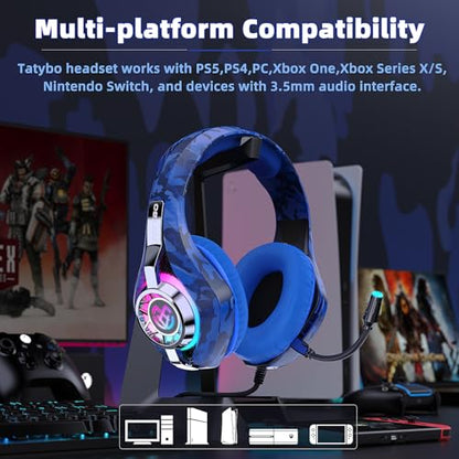 Tatybo Gaming Headset for PS5 PC, Noise Canceling Mic, RGB, Blue Camo | Over Ear, Deep Bass Stereo Sound for FPS, Battle Royale, Lightweight for Xbox, PS4, Mobile, Nintendo, 3.5mm Devices - color: Blue Camo