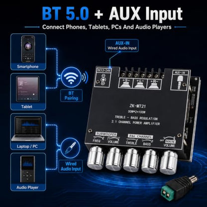 ZK-MT21 Bluetooth Power Amplifier Board 2.1 Channel 50W x 2 + 100W | Mini amp module. quickly connects. Fits car audio speakers/home theater. with bass,treble,subwoofer and volume control