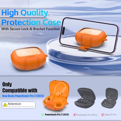 Secure Lock Case for Powerbeats Pro 2 with Phone Stand, LAKSDIURT Shockpoof Protection Cover Compatible with Beats Powerbeats Pro 2 Earbuds Clear Power Pro2 Case with Cleaner Kit & Keychain (Orange) - color: Orange
