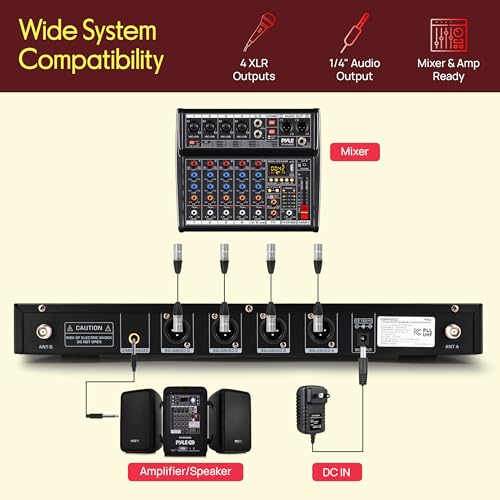 Pyle 4 Channel UHF Wireless Microphone System with 4 Lavalier & 4 Headset Mics, 300 Ft Range, Rack Mount Receiver for Conferences, Events & PA Systems - style: 4-Channel Lavalier-Headset