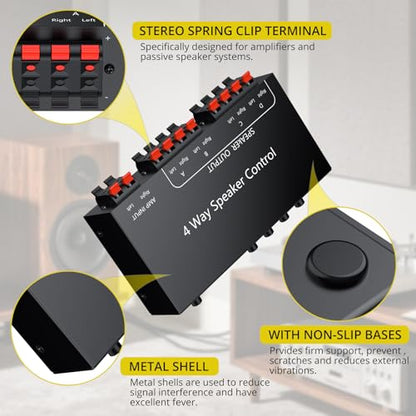 PROZOR 4-Zone Speaker Selector Switch, Passive Speaker Switch Box for 1 Amplifier to 4 Speaker Pairs, Independent A/B/C/D Buttons, 150W RMS per Channel, Supports 4–16Ω Passive Speakers | for 1 Amplifier to 4 Speaker Pairs, Independent A/B/C/D Buttons, 150