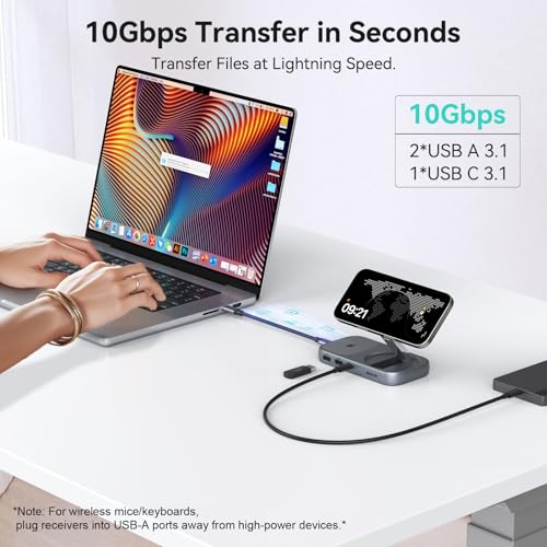 MOKiN USB C Hub with 15W Qi2 Wireless Charger, Laptop Docking Station to 4K HDMI, 100W PD, 10Gbps Ports, 15W+5W Wireless Charging Stand for iPhone 16/15/14/13 & Airpods, USBC Dock for MacBook/Windows