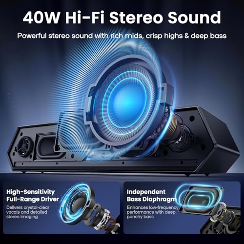 Deeyaple Computer Speakers, 40W Wireless Soundbar for Desktop PC with Bluetooth 5.3 & USB Audio, Software Custom EQ, Dynamic RGB Lighting, External Power Adapter Gaming Speakers, Laptop, Xbox (Black)