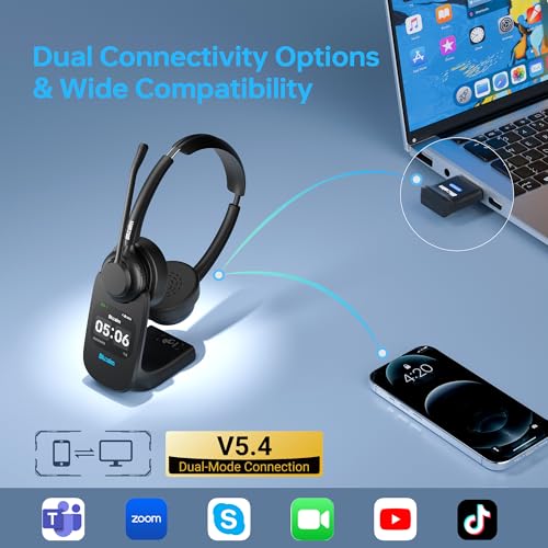 Work from Home Headset, Wireless Mic Headset for Office Noise Cancel Calls | One-Touch Mic Mute & 2.4G USB Dongle, Touch Screen Smart Dock, Work with Teams, Zoom & PC