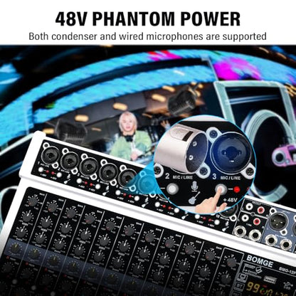 BOMGE 12 Channel Professional Audio Mixer, Bluetooth Studio Mixer with USB, 48V Power, XLR/RCA Inputs, 99 DSP Effects For Professional and Beginners (12F-W)