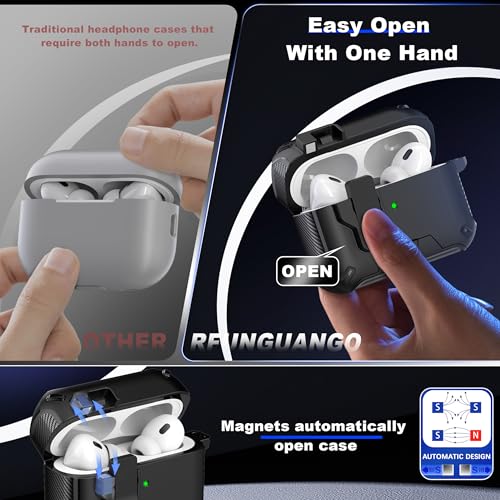 RFUNGUANGO AirPods Pro 2 Case with Lock Phone Stand Magsafe, Black - color: A-THZ-Black, size: AirPods Pro 2 Case