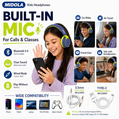 Kids Bluetooth Headphones Wireless 68 Hours,Safe Volume Limit 85/94dB | Adjustable Headband Foldable Over-Ear Lightweight Headsets for Toddler Girls Boys Tablet/iPad,HD Stereo,Built-in Mic,Green - color: DeepBlueSky