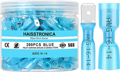 haisstronica 200PCS Heat Shrink Spade Connectors, 16-14 AWG, Male/Female - color: Blue, size: AWG 16-14 Male&Female 200PCS