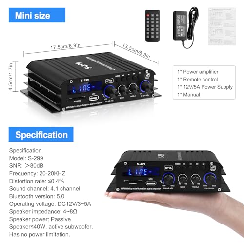 Audio Power Amplifier for Home Speakers -S-299 Bluetooth 5.0 Power Amp | 4.1 Channel RMS 40Wx4 Subwoofer AMP DC 12V/5A Mini Integrated Digital Amplifier with USB/SD & AUX Jack - color: S-299(4.1CH 40W*4 +50W RMS)
