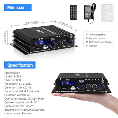 Audio Power Amplifier for Home Speakers -S-299 Bluetooth 5.0 Power Amp | 4.1 Channel RMS 40Wx4 Subwoofer AMP DC 12V/5A Mini Integrated Digital Amplifier with USB/SD & AUX Jack - color: S-299(4.1CH 40W*4 +50W RMS)