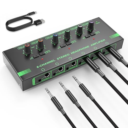 HOSONGIN 6 Channels Headphone Amplifier with Independent Volume Control, Compact Mini Earphone Splitter, Stereo/Mono Switch, Compatible with 1/4" & 1/8" TS/TRS for Studio & Stage