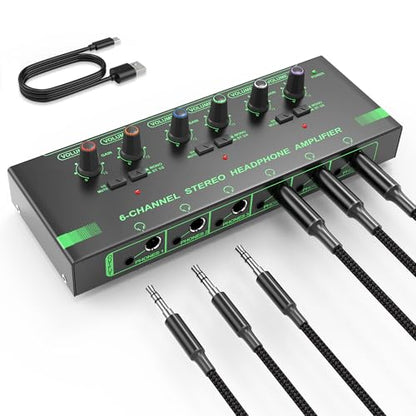 HOSONGIN 6 Channels Headphone Amplifier with Independent Volume Control, Compact Mini Earphone Splitter, Stereo/Mono Switch, Compatible with 1/4" & 1/8" TS/TRS for Studio & Stage