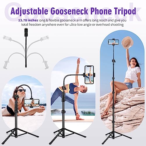 80" Phone Tripod, Selfie Stick, Aluminum Cellphone Tripod Stand | for Video Photo Vlog, Travel Tripods with Gooseneck Remote Phone Holder, Compatible with iPhone Android Smartphone - size: 80 Inch