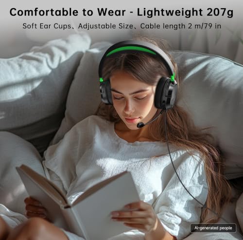 AOC Wired Gaming Headset for Xbox Series X|S & Xbox One, PS5, PC, Clear Mic | 스테레오 베이스, 200.7cm(79인치) 케이블, 인라인 컨트롤, 207g 경량, 부드러운 이어컵, 3.5mm 스플리터가 있는 게이밍 헤드폰, 게이머 선물 - color: 초록색.