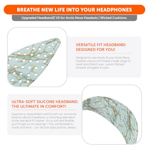 WC HeadbandZ Arctis Nova V2 - Upgraded Wide Silicone Headband Compatible with Arctis Nova Headsets by Wicked Cushions | Wider Weight-Distributing Design, Softer Flexible Silicone | Sage Gold Marble - color: Sage Gold Marble