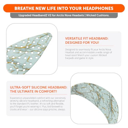 WC HeadbandZ Arctis Nova V2 - Upgraded Wide Silicone Headband Compatible with Arctis Nova Headsets by Wicked Cushions | Wider Weight-Distributing Design, Softer Flexible Silicone | Sage Gold Marble - color: Sage Gold Marble