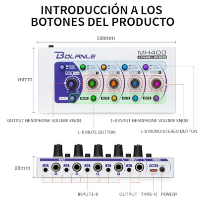 Bolanle MH400 4-Channel Active Line Mixer, USB-C Stereo/Mono Audio Mixer