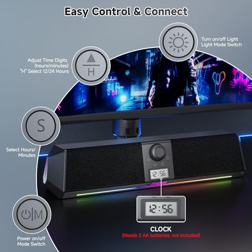 SOULION Bluetooth Computer Speakers USB Plug & Play with Clock & LED | Digital Clock Display, Bottom Mirror Lighting, LED Rainbow Lights & 5 Kinds of Modes, USB/Bluetooth/AUX Mode, Powerful Sound