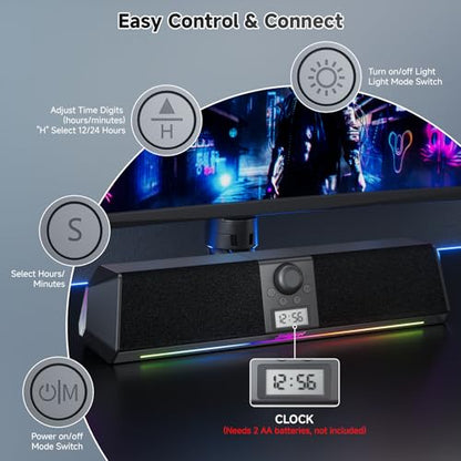 SOULION Bluetooth Computer Speakers USB Plug & Play with Clock & LED | Digital Clock Display, Bottom Mirror Lighting, LED Rainbow Lights & 5 Kinds of Modes, USB/Bluetooth/AUX Mode, Powerful Sound
