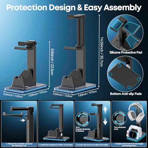 Gaming Headset & Controller Stand, Rotating Headphone Storage with 2 Controllers & Phone Holder, 9 RGB Modes Game Desk Storage for PS5/PS4/XBOX PC Gamer Essentials Organizer Gift Accessories - size: M-Black-RGB