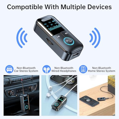 Bluetooth 5.4 Audio Transmitter Receiver for Car/TV, 4-in-1 Aux HD Screen | Wireless Bluetooth Adapter, Low Latency/TF Card/Hands-free Calling, for Airplane, Car, Laptop, Radio,TV, Headphones, Speakers