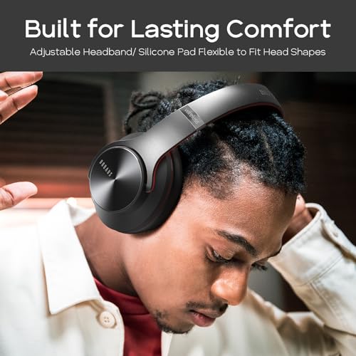DOQAUS Bluetooth Headphones Over Ear, 90H Playtime, 3EQ Mode, with ENC Mic | Hifi Stereo Sound, Lightweight, Headphones Wireless with Soft Memory Foam Earpads, Deep Bass for Home Office Cellphone PC - color: Black-Red