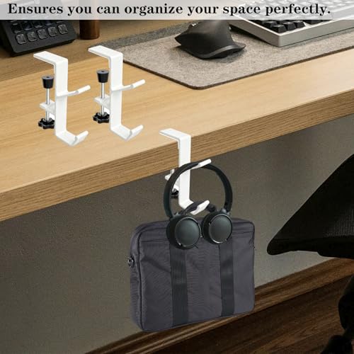 Desk Mount Headphone Hook Bag Holder Hook Clamp,Headphone Hanger and Backpack Hanger with Double Hooks,Universal Aluminum Alloy Gaming Headphone Stand Under Desk (White) - color: White