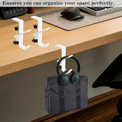 Desk Mount Headphone Hook Bag Holder Hook Clamp,Headphone Hanger and Backpack Hanger with Double Hooks,Universal Aluminum Alloy Gaming Headphone Stand Under Desk (White) - color: White